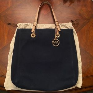 Authentic Michael Kors Navy Canvas Tote Bag with leather straps w/ dust bag